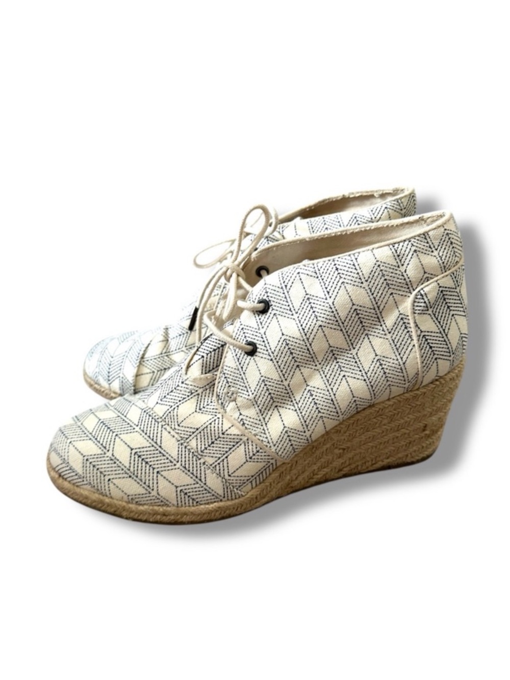 TOMS Desert Chevron Cream Blue Espadrilles Lace-Up Ankle Wedges Women’s Size 9